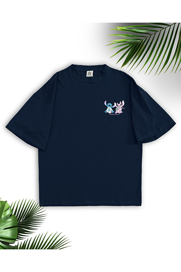 -Women's Stitch and Angel Printed Oversize T-Shirt 100% Cotton | Comfortable Fit Short Sleeve