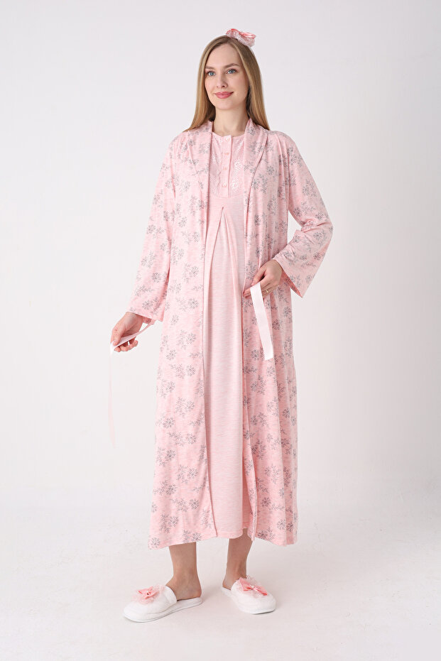 Melange Textured Lace Maternity Nightgown and Dressing Gown 2-Piece Set