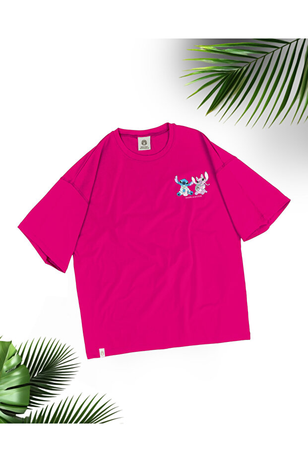 -Women's Stitch and Angel Printed Oversize T-Shirt 100% Cotton | Comfortable Fit Short Sleeve