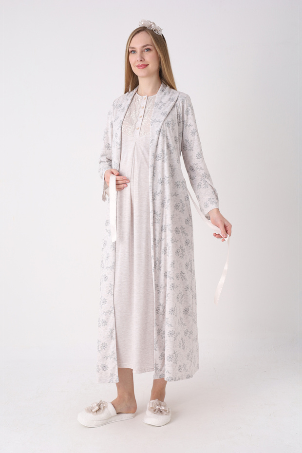 Melange Textured Lace Maternity Nightgown and Dressing Gown 2-Piece Set