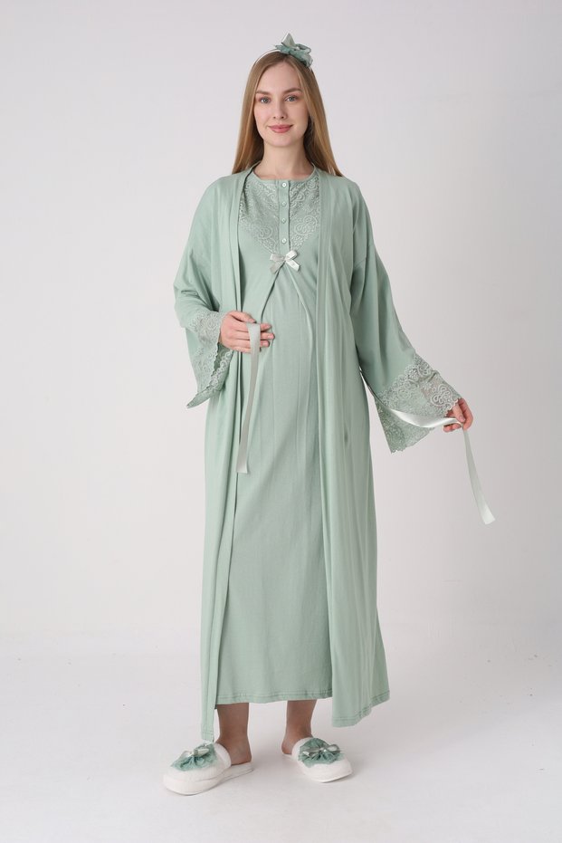 Maternity Nightgown Set - Maternity Nightgown with Guipure Lace Detail on the Sleeves, 2-Piece Set