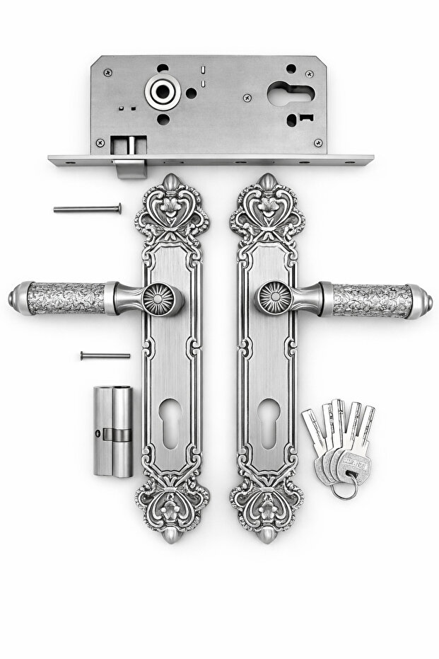 Mortise Door Handle Set, Silver Finish, Lock Body, Cylinder and Keys Included