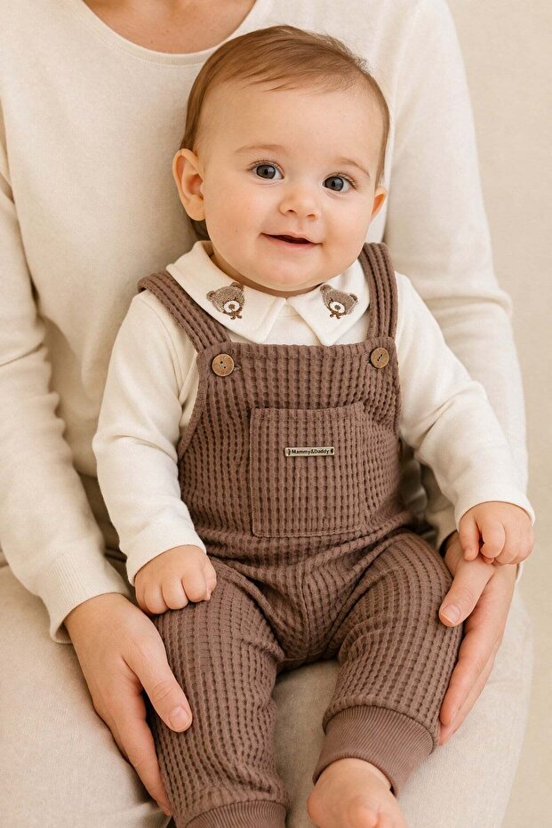 Baby Boy Waffle Salopet + Tshirt 2-Piece Set Teddy Bear Embroidered Collared Tshirt + Overalls 0-3-6-9-12 Months