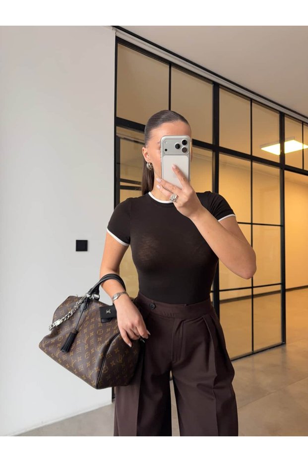 Transparent T-Shirt with Contrast Detail in Brown