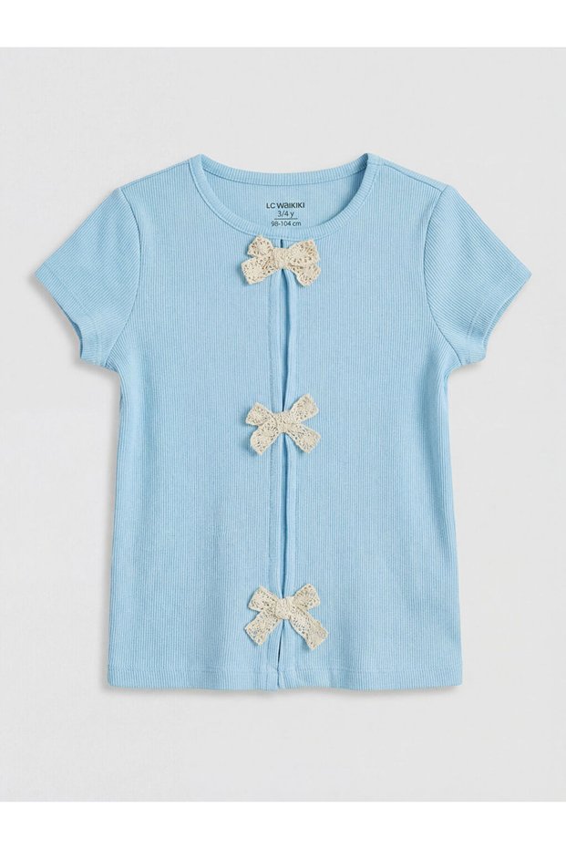 Lcw Kidsblue Crew Neck T-Shirt with Bow Detail for Girls