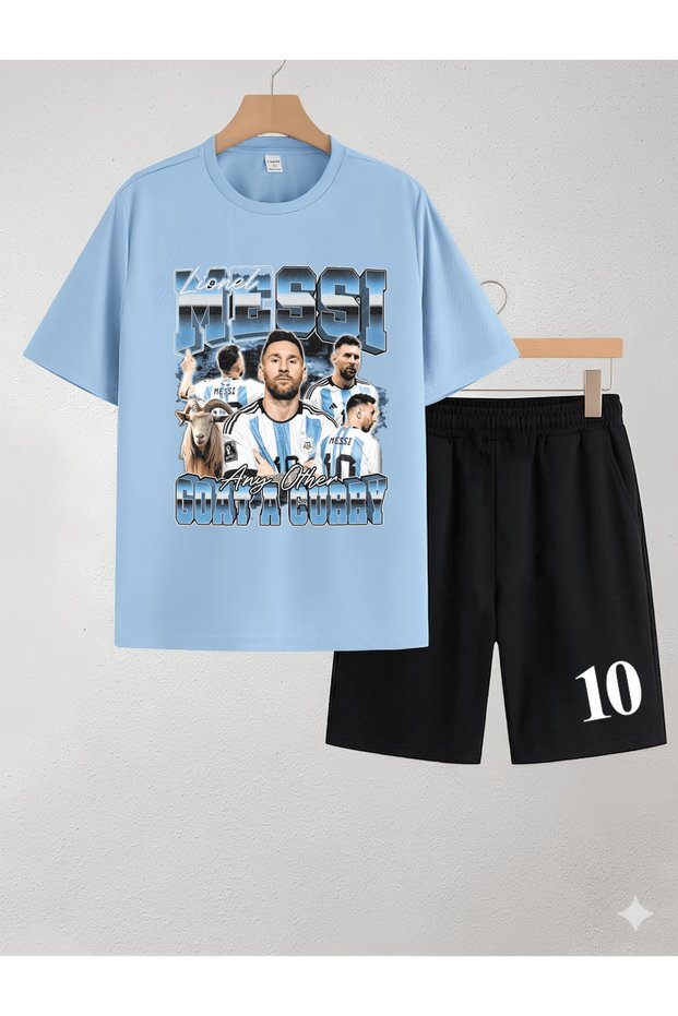 Lionel "The Goat" Messi Printed 100% Cotton Crewneck Children's T-Shirt-Shorts Two-Piece Set