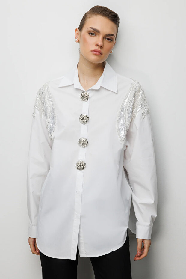 Beaded Embroidered Ornamental Metal Buttoned Shirt-2824