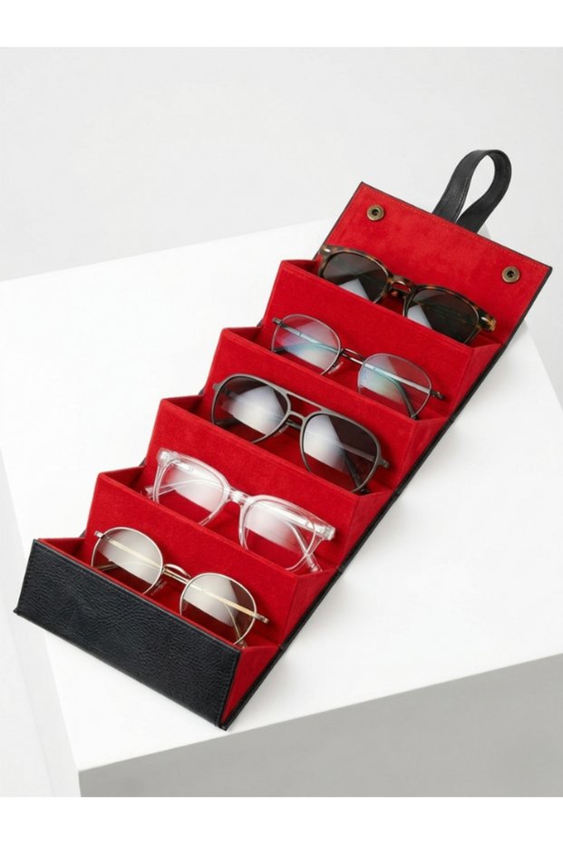 5-Slot Eyeglass Case, Foldable Eyewear Container with Faux Leather Cover, Black Red