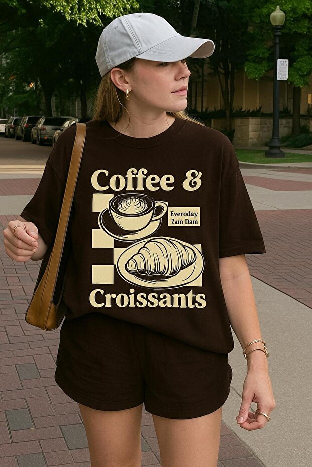 Coffee Croissants Printed T-Shirt Oversized Unisex T-Shirt 1Pv6