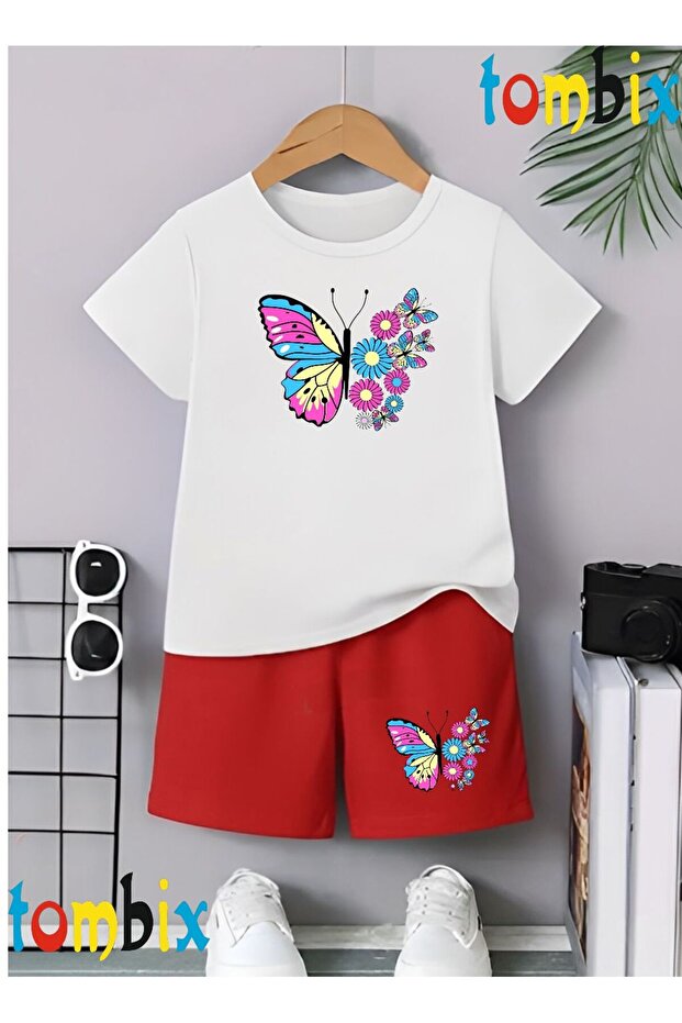 Uygunmoda Daisy Butterfly Printed T-Shirt Shorts Children's Set