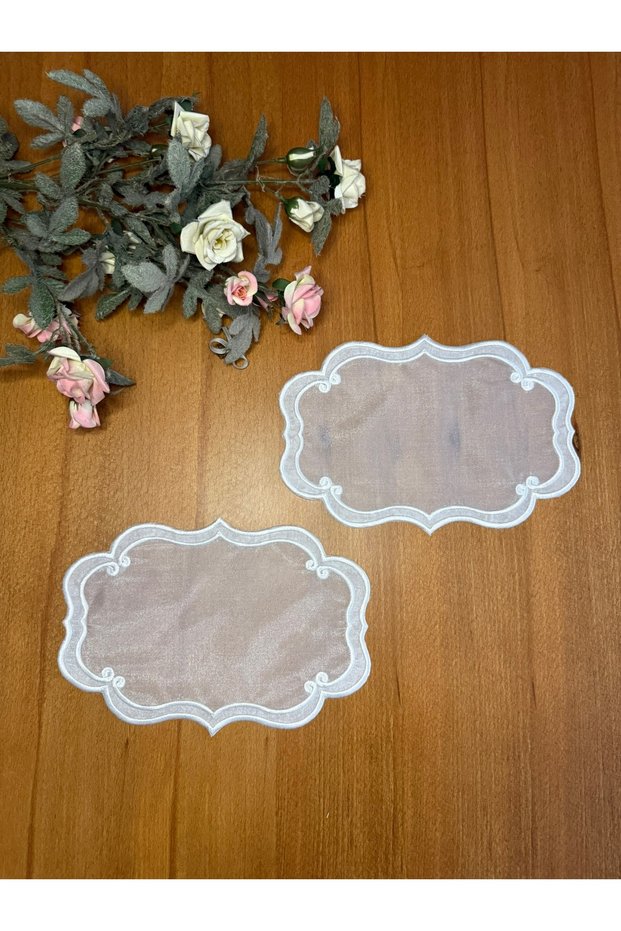 2 Pieces of Organza Tulle Ecru Color Embroidered Ivy Patterned Tray Cover