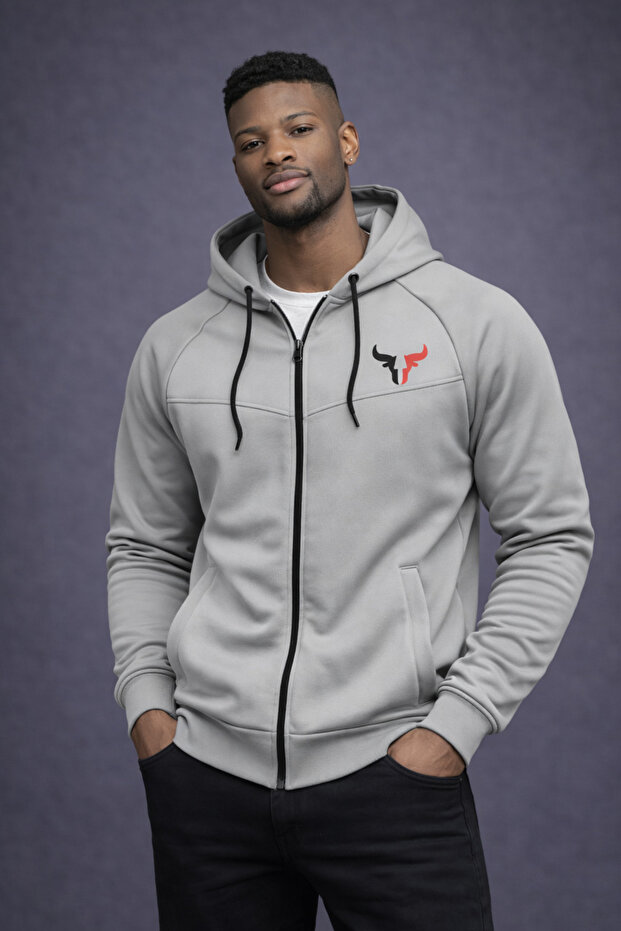 سترة رجالية مطبوعة بشعار سكوبا باللون الرمادي والأسود مع سحاب أمامي