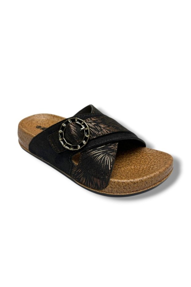 Mollis 501-26 Glittery Line Leather Single Buckle Soft Cross Women's Slippers