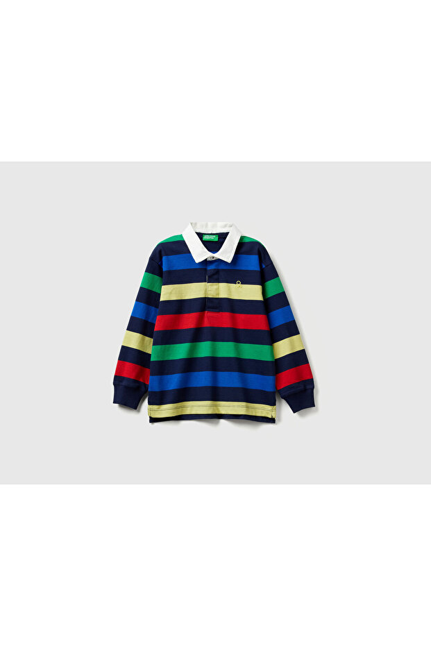 Boys' Striped Polo Sweatshirt 6-14 Years Old Navy Blue