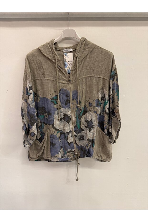 Women's Mink Italian Floral Patterned Front Zipper Hooded Foldable Long Sleeve Blouse 40 - 46 Size