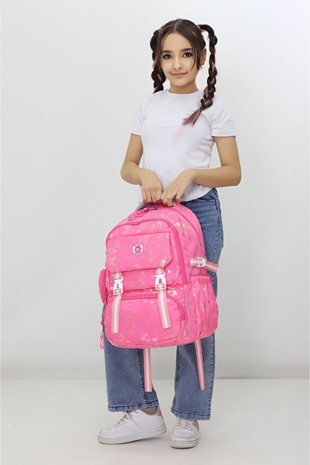Girl's School Bag Fuchsia Foil Patterned Shiny Cover Primary School Backpack