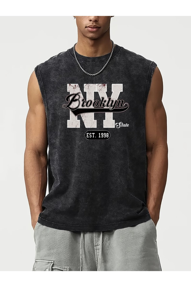 Street Style Anthracite Washed 100% Cotton Oversize Cut Tank Top