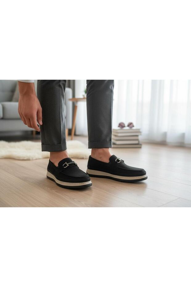 Byk Ata 470 Genuine Leather Nubuck Black Sole Beige Laceless Flat Stylish Comfortable Loafer Men's Shoes