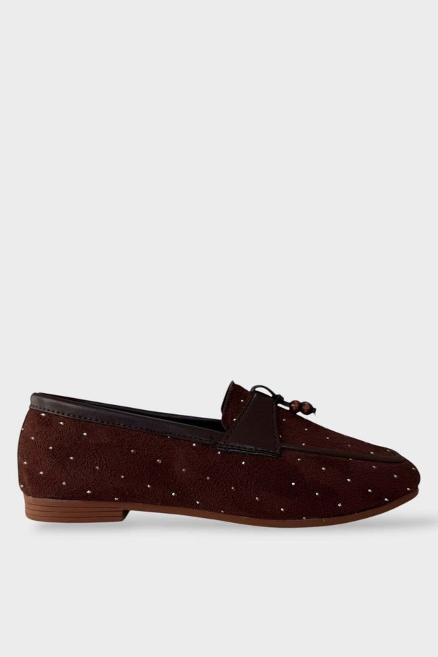 Stoned Tassel Wooden Detail Stylish Casual Women's Ballerinas Brown