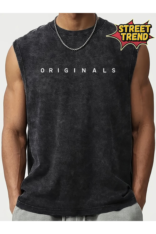 Street Style Anthracite Washed 100% Cotton Oversize Cut Tank Top
