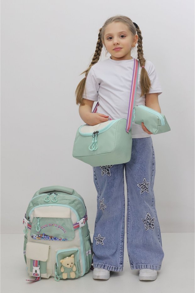 Girl's 3-Piece School Bag Set with Lunch and Pencil Case, Plush Accessories, Green, Primary School and Kindergarten