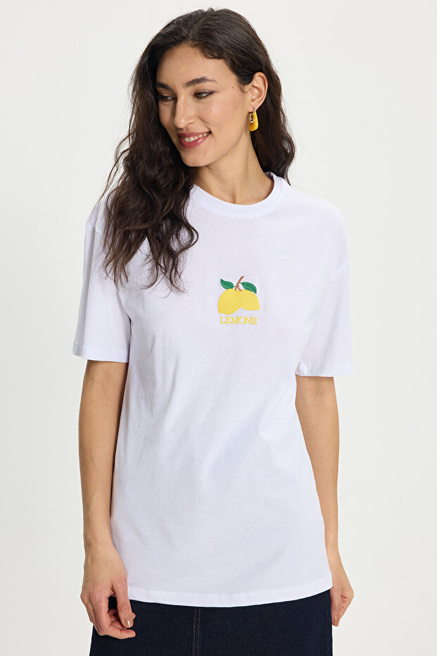 Women's Oversize Wide Cut Short Sleeve 100% Cotton Draped Printed White T-Shirt Blouse