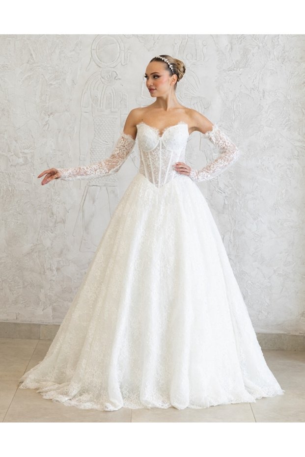 Bridal Dress with Embroidery, Complete French Lace Sleeves, with Pearls and Sequins, Embroidered