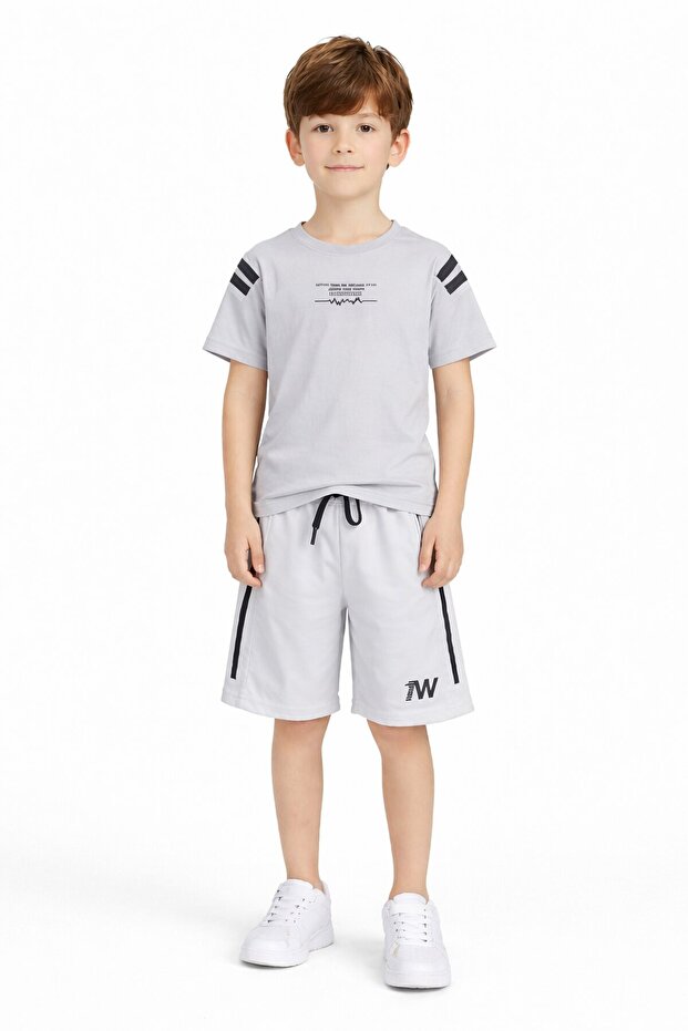 Gray Stripe Detailed Written T-Shirt and Shorts Set for Boys 23769