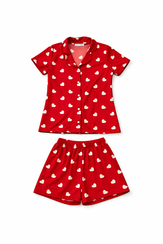Heart Pattern Buttoned Shorts Pajama Set - 3