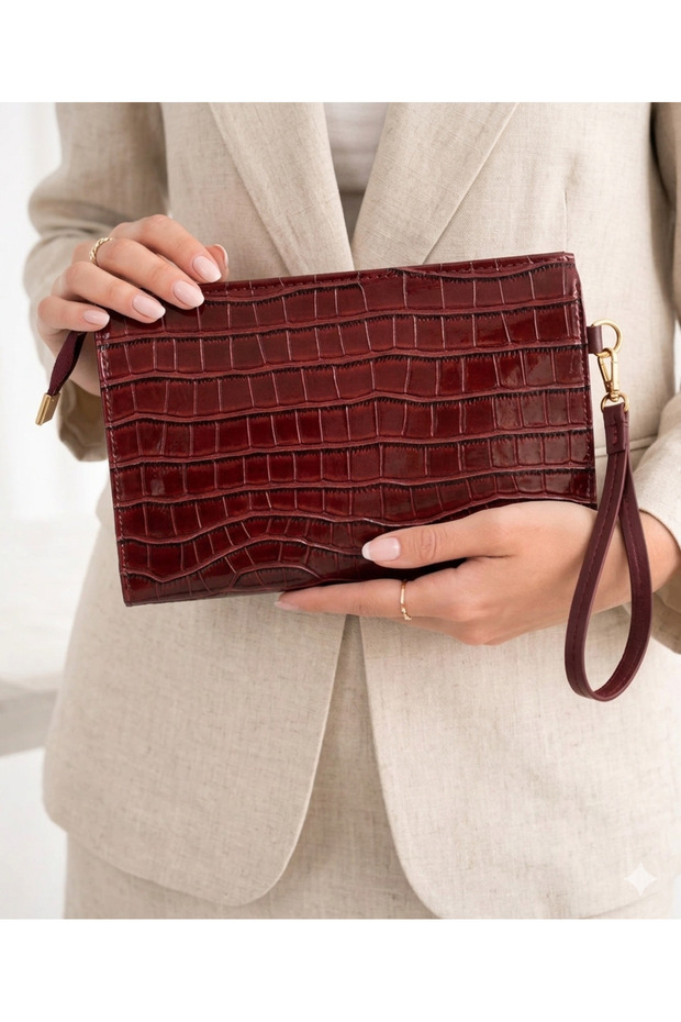 Zyn09 Women's Burgundy Crocodile Patterned Patent Leather Portfolio Bag - Stylish Wrist Strap Clutch
