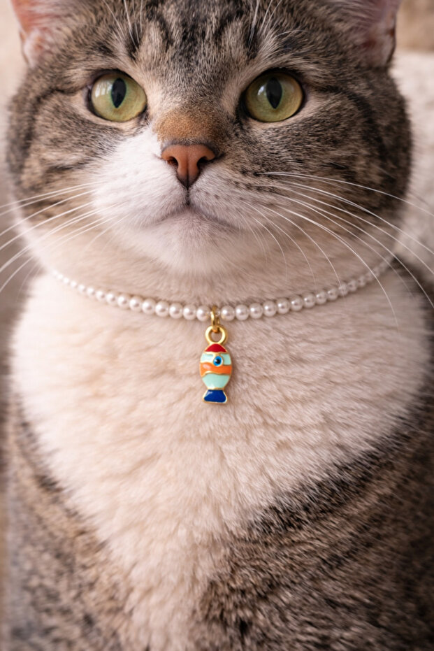Fish dangle pearl cat necklace - 1