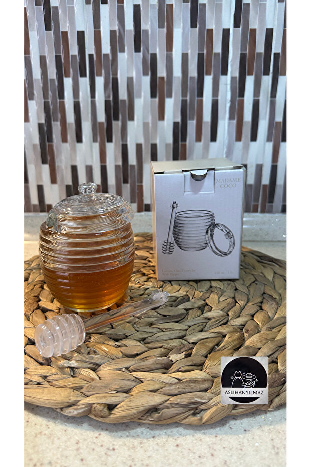 Lorenzo Glass Honey Jar with Spoon - 240ml - Transparent