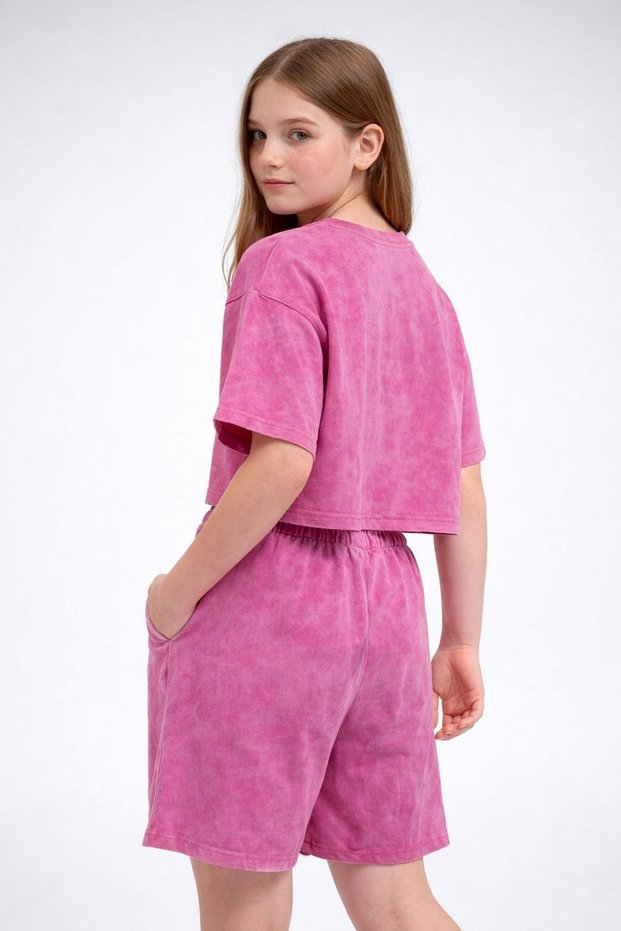 My Little Girl's Plain Girls' Set with Compact Washable Shorts for Ages 6-16 - Fuchsia