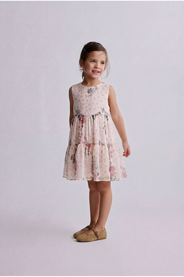 Girl's Cotton Powder Floral Patterned Layered Dress