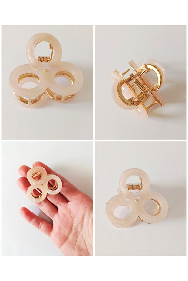 Beige Pearlescent Clover Model Marble Effect Hair Accessory Fashion Brand Latch Buckle 4 cm