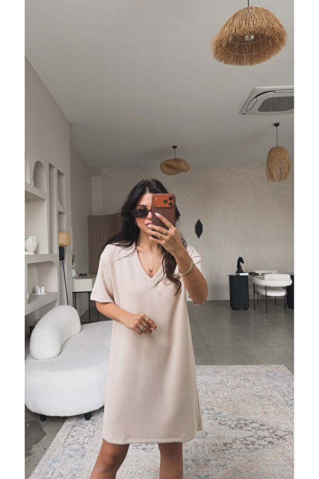 Beige V-Neck Basic Modal Dress