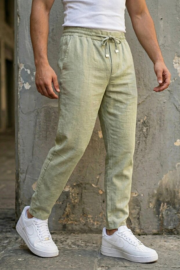 Men's Linen Trousers Green Elastic Lace-Up Boyfriend Relaxed Fit Summer Ls-23124