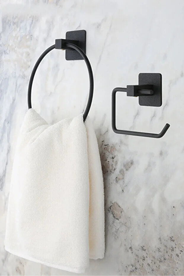 Black Square Adhesive Ring Towel Holder / Open Toilet Paper Holder 2-Piece Bathroom Set