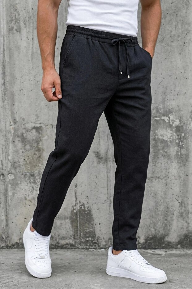Men's Linen Trousers Black Elastic Lace-Up Boyfriend Relaxed Fit Summer Ls-23124