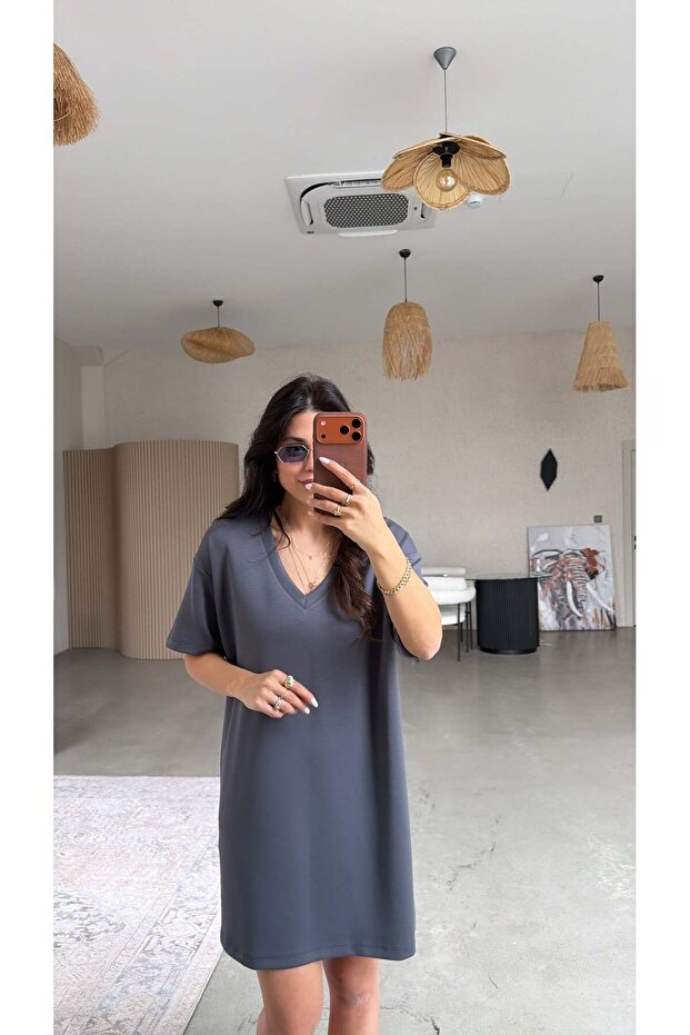 Anthracite V-Neck Basic Modal Dress