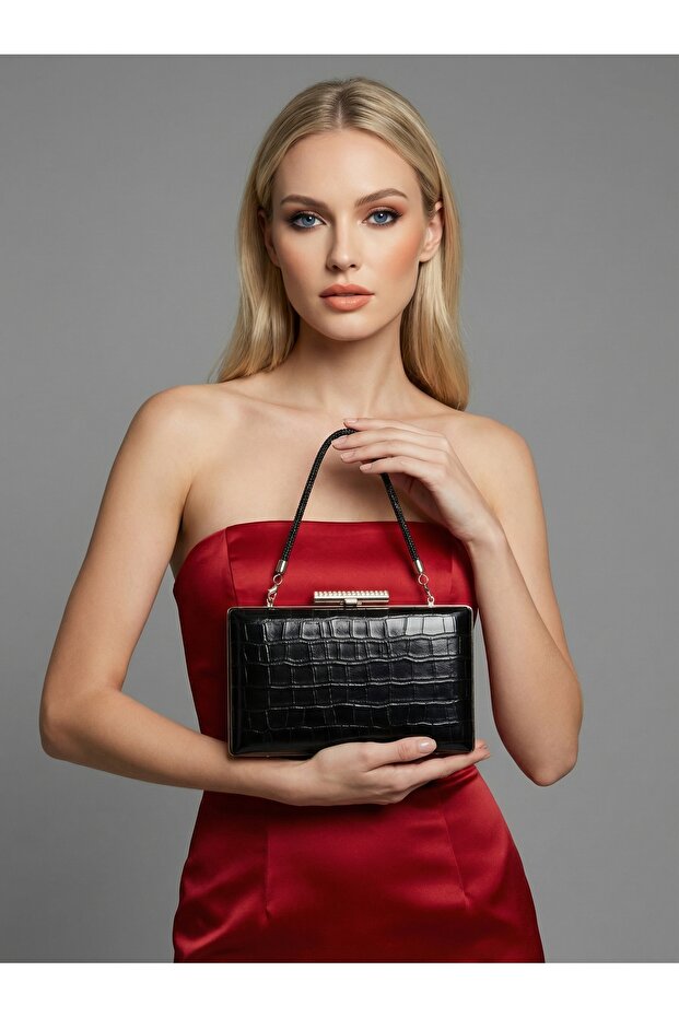 Black Color Matte Crocodile Patterned Chain Strap Women's Evening Dress Bag Wedding Engagement Graduation
