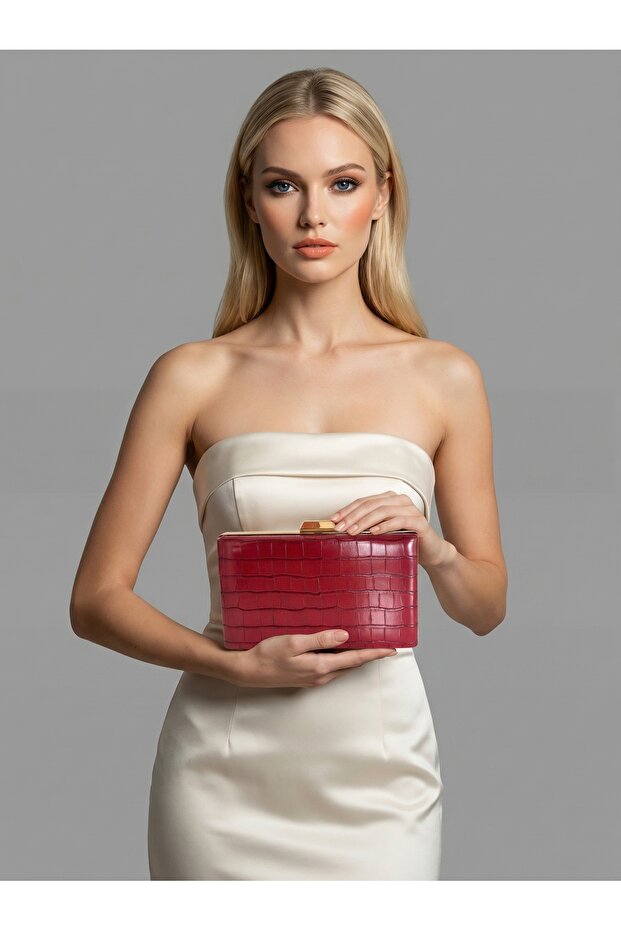 Burgundy Color Matte Leather Crocodile Patterned Women's Evening Dress Bag Wedding Engagement Graduation