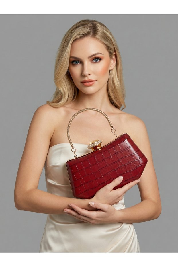 Burgundy Color Matte Leather Crocodile Patterned Women's Evening Dress Bag Wedding Engagement Graduation