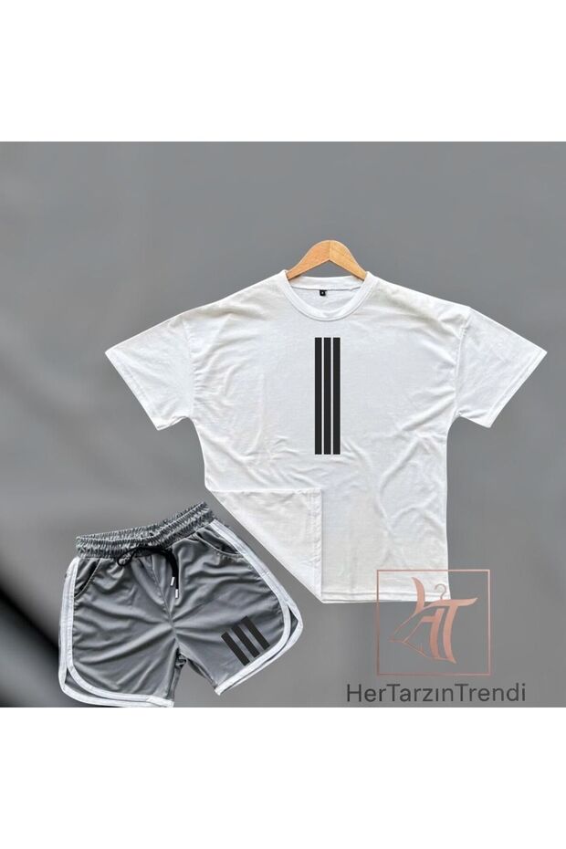 Men's Three Stripes Printed Crew Neck Oversize T-Shirt Shorts Set Sporty Summer 2-Piece Tshirt Shorts Kom