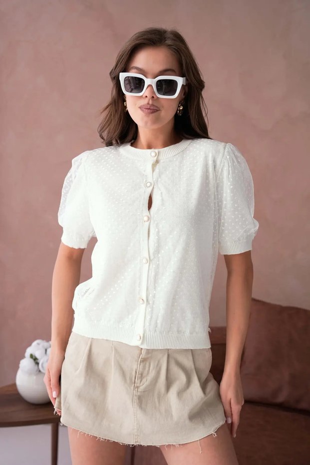 12082 Women's Crew Neck Buttoned Knitwear Cardigan with Floral Tulle Detail