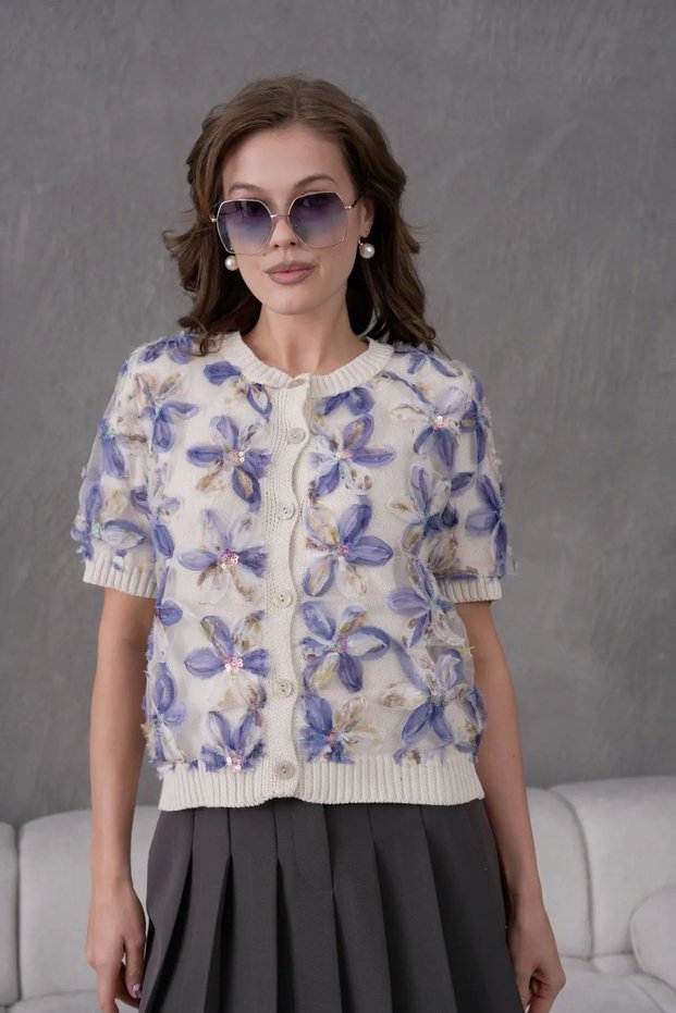 8513 Women's 100% Cotton Crew Neck Buttoned Lace Detailed Knitwear Cardigan