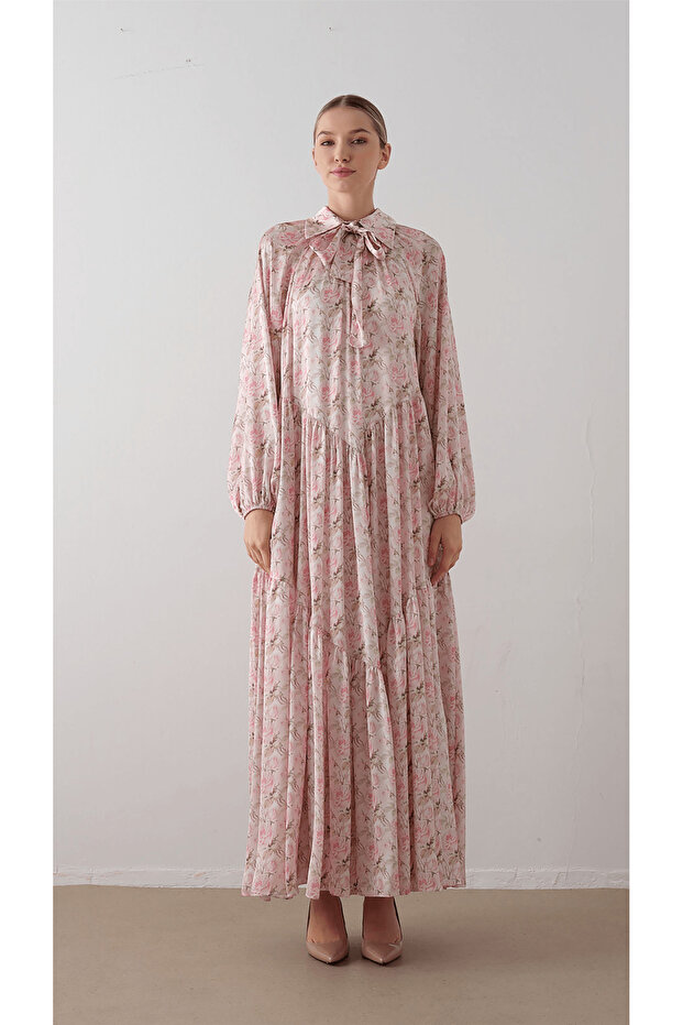 Chiffon Satin Dress with Bow Collar Powder