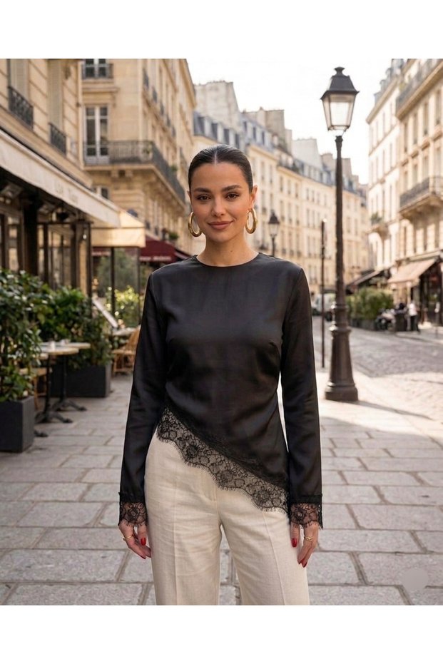 Asymmetrical Cut Lace Satin Blouse with Tie at the Back, Stylish Event Blouse