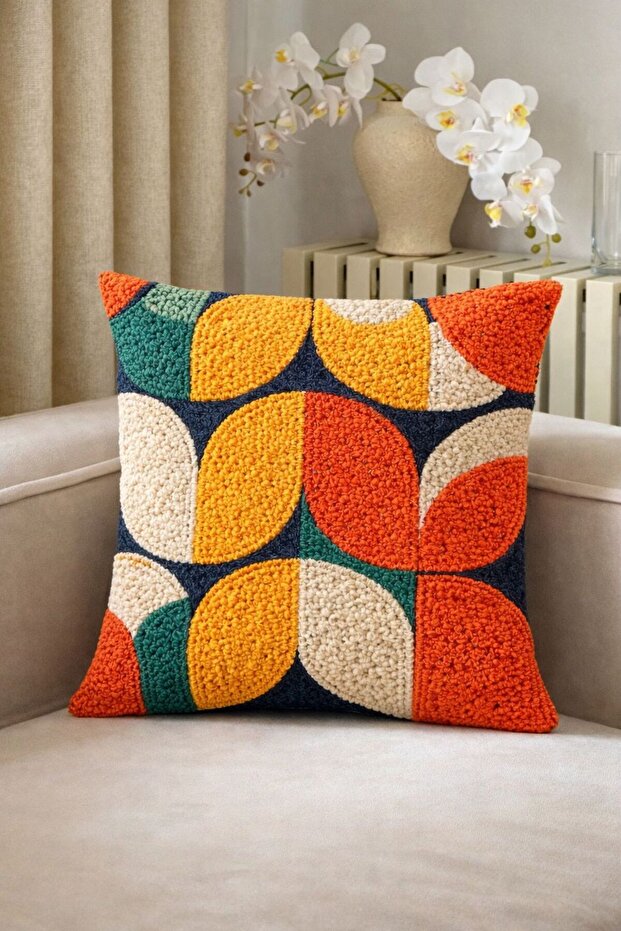 غطاء وسادة مزخرف بنمط هندسي نباتي مقاس 43 × 43 بوصة، تصميم عصري أنيق