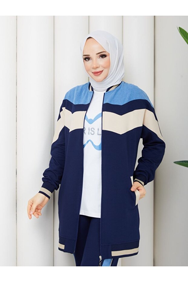 Women's 3-Piece Tracksuit Set Zippered Jacket Two-Thread Cotton Sport Stylish A-141 _ Navy Blue